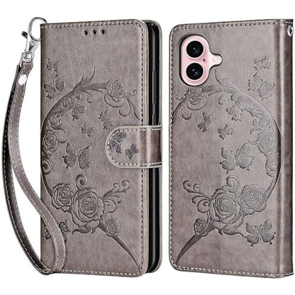 for iPhone 16 Wallet case, Gray Flower | 3 Card Holders, Kickstand, Shockproof TPU Shell, PU Leather, Magnetic Closure, Protective Flip Folio Cover, Women - color: 9