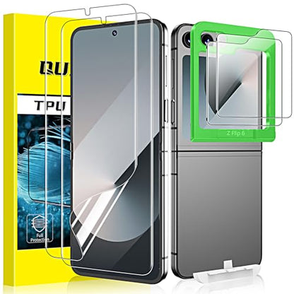 [2Set 4PCS] QUESPLE for Samsung Galaxy Z Flip 6 Screen Protector, 2 Pack Inner Flexible TPU Film+2 Pack Back Tempered Glass Screen Protector with Alignment Tool, HD Clear, Self-Healing, Scratch Resistant