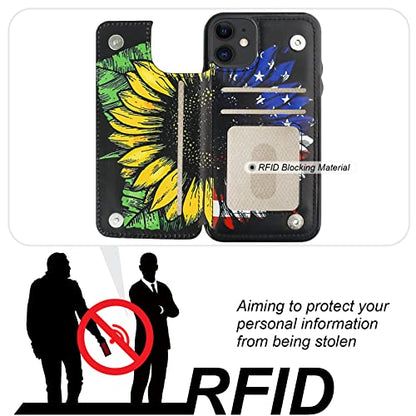 HAOPINSH for iPhone 11 Wallet Case with Card Holder, American Flag Sunflowers Pattern Back Flip PU Leather Kickstand Card Slots Case for Women Girls, Double Magnetic Clasp Shockproof Cover 6.1" - color: American Flag Sunflowers