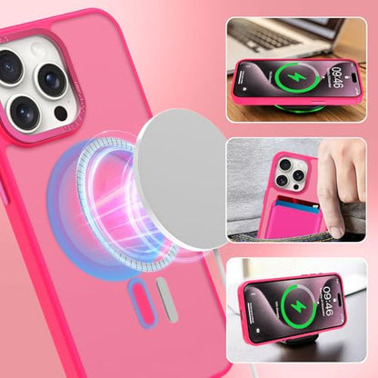 Magnetic Designed for iPhone 15 Pro Max Case 6.7" 2023, Hot Pink | [Compatible with Magsafe] [with Wallet & Card Holder] [Military Drop Protection] Slim Translucent Matte Phone Case - color: Hot Pink, size: iPhone 15 Pro Max
