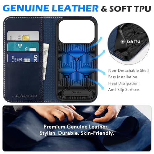 SHIELDON Real Leather Case Wallet for iPhone 17 Pro 6.3", Retro Dark Blue | Folio Design, Magnetic Closure, RFID Blocking, Credit Card Holder, Kickstand, Shock Absorbing Protective Cover - color: Retro Dark Blue