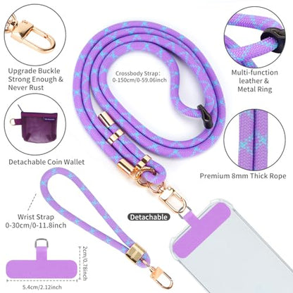 HOTEMIA Phone Lanyard and Wrist Straps, Adjustable Cell Phone Lanyard Crossbody with Detachable Wallet, 8mm Thick iPhone Lanyard for Around the Neck (Purple+Wallet) - color: Purple+wallet