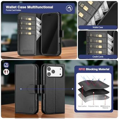 Magnetic 2 in 1 Detachable Compatible with Magsafe iPhone 17 Pro Max Genuine Wallet Case with Card Holder,Women Men Leather Flip RFID Blocking Credit Card Slots Stand Phone Cover,Black - color: Black, size: iPhone 17 Pro Max - 6.9"