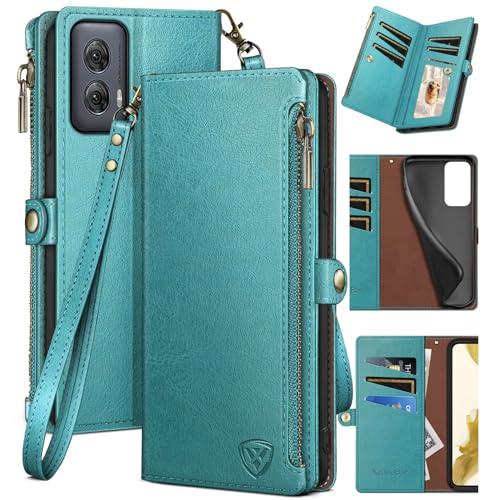 XcaseBar for Motorola Moto G Power 5G 2024 Wallet case with Zipper Credit Card Holder【RFID Blocking】,Flip Folio Book PU Leather Phone case Shockproof Cover Women Men for Power 5G 2024 case Blue Green - color: Blue Green