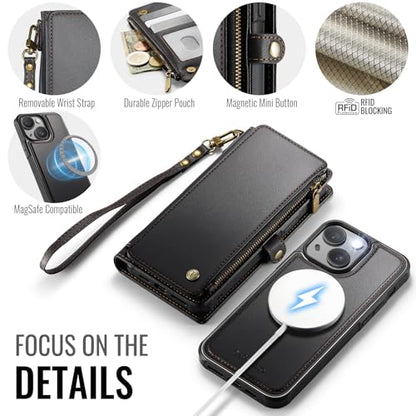 Defencase for iPhone 13 Phone Case Wallet Compatible with Magsafe, Black | Magnetic Detachable, Drop-Proof Protective Wallet Cases Cover, with RFID Bolcking Card Holder, Zipper Strap, Soft PU Leather - color: (Detachable with Magsafe)-Black
