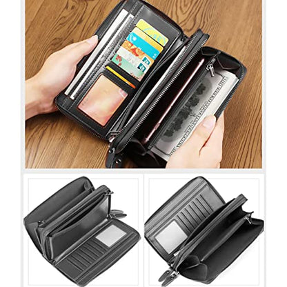 Large Wallet Clutch Long Leather Phone Purse Business Hand Clutch Bag Card Holder Travel Wallet for Men Women Father Husband - color: Double-Black