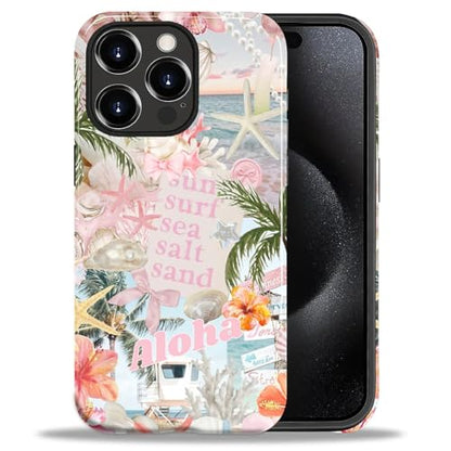 Case for iPhone 15 Pro Max, Cute Phone Case, Aloha Summer Collage | Hybrid 2-Layer Phone Cover，Military-Grade Protection Durable Shockproof Anti-Scratch Cases - color: Pink Aloha Summer Collage, size: Iphone 15 Pro Max