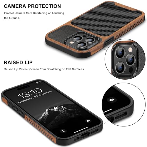 TENDLIN Compatible with iPhone 15 Pro Max Case Wood Grain with Carbon Fiber Texture Design Leather Hybrid Slim Case (Black) - color: Black, size: iPhone 15 Pro Max