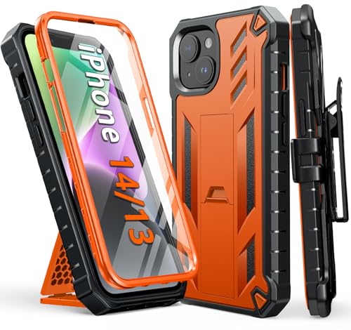 FNTCASE for iPhone 14/13 Case : with Belt-Clip Holster & Kickstand - Heavy Duty Military Grade Protection Cover Shockproof TPU Phone Shell Durable Rugged Full Protective Phonecase - 6.1 inch Orange | Rugged Kickstand, Military-Grade Drop Protection, Full