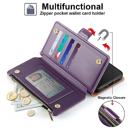Antsturdy for iPhone 17 Pro Max Phone Wallet Case Women,Purple | RFID Blocking,with Credit Card Holder Slots,PU Leather Purse,Zipper Pocket,Wrist Strap Kickstand,Flip Folio Cover for Men - color: Purple