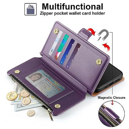 Antsturdy for iPhone 16 Pro Max Phone Wallet Case Women,Purple | RFID Blocking,with Credit Card Holder Slots,PU Leather Purse,Zipper Pocket,Wrist Strap Kickstand,Flip Folio Cover for Men - color: Purple