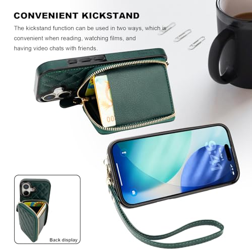 Bocasal Crossbody Wallet Case Card Holder for iPhone 17, Dark Green | RFID Blocking PU Leather Zipper Handbag Purse, Kickstand Flip Folio Case with Card Slots Holder Wrist Strap Lanyard 6.3 Inch - color: Dark Green