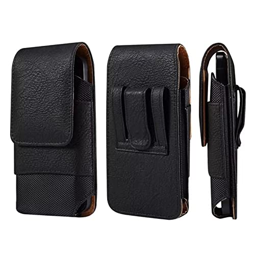 Cell Phone Belt Clip Holster Leather Men, Cell Phone Waist Bag with Card Holder, Vertical Leather Smartphone Pouch with Belt Loop Carry Case Travel Outdoor Camping Phone Belt Holder Wallet Fanny Pack - color: Black, size: 6.9 INCH