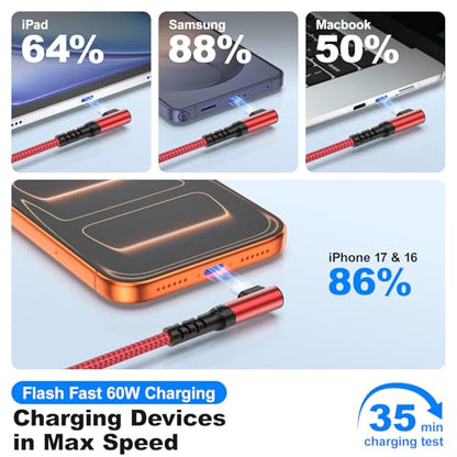 60W Short USB C to USB C Cable(1FT,3Pack),Right Angle USB C Charging Cable - color: Red, size: 1FT+1FT+1FT