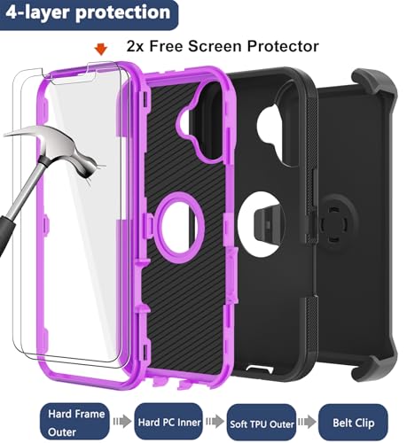 for iPhone 16 Phone Case, Military Grade Drop Protection Cell Phone Cover with Belt Clip Holster Stand, Screen Protector x2 Rugged Shockproof Kickstand for iPhone 16 Case 6.1 inch (Purple) - color: Purple