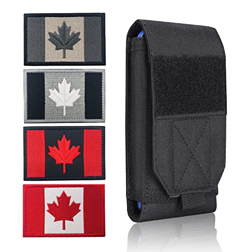 Black Tactical Molle Waterproof Cellphone Pouch Case,Heavy Duty Phone Holster Bag for iPhone 11 12 13 Pro Max Samsung S22 S21 S20 FE Note 20 A02S Less 6.7" Phone with 4 Pack US Flag Patch - color: Black & 4 Canada Patches