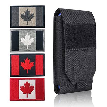 Black Tactical Molle Waterproof Cellphone Pouch Case,Heavy Duty Phone Holster Bag for iPhone 11 12 13 Pro Max Samsung S22 S21 S20 FE Note 20 A02S Less 6.7" Phone with 4 Pack US Flag Patch - color: Black & 4 Canada Patches