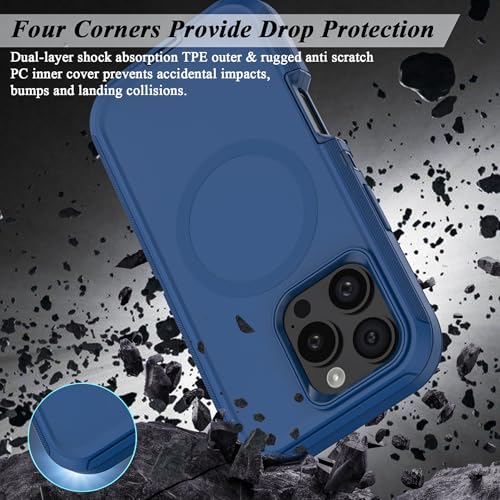 Compatible with iPhone 16 Pro Max Case, with Belt Clip Holster Heavy Duty Magnetic Wireless Charging Full Body Protection Kickstand Cover for iPhone 16 Pro Max 6.9 inch Phone (Navy Blue) - color: Navy Blue