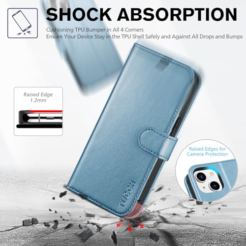 TUCCH Wallet Case for iPhone 14 (6.1") 2022, 4 Card Slots, Shiny Light Blue | RFID Blocking, Viewing Stand, Shockproof TPU Shell, PU Leather, Magnetic Closure, Protective Folio Flip Cover - color: Shiny Blue