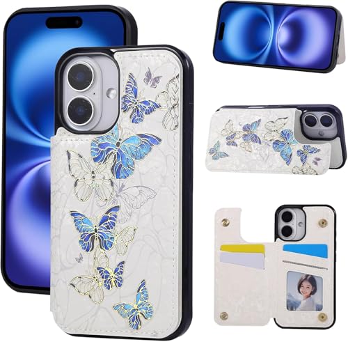 UEEBAI Wallet Case for iPhone 17 with Card Holders, PU Leather Floral Cover Kickstand RFID Blocking Double Magnetic Clasp Rilievo Flower Flip Case for Women Girls - Blue Butterfly | PU Leather Cover, Kickstand, RFID Blocking, Double Magnetic Clasp, Riliev