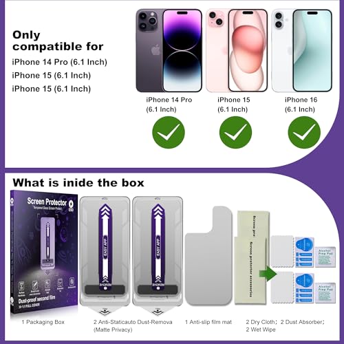 2-Pack Matte Privacy Screen Protector for iPhone 14 Pro / 15/16,Anti-Glare & 25°Anti-Spy,Anti-Reflection,Anti-Fingerprint,Auto Dust Removal,Easy Installation - size: iPhone 14 Pro/15/16
