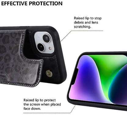 iCoverCase Compatible with iPhone 14 Plus Phone Case with Card Holder, Wallet Case for Women Men RFID Blocking PU Leather Protective Case 6.7 Inch (Black Leopard) - color: Black Leopard