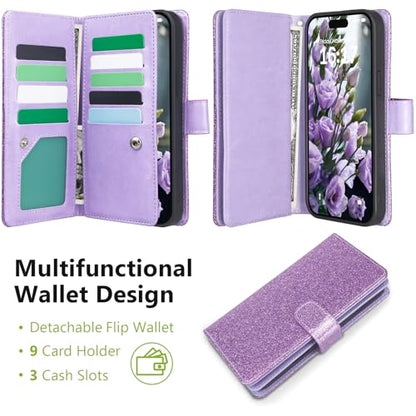 Varikke for iPhone 14 Plus Wallet Case Detachable with Card Holder for Women, Fashion Glitter Leather Strap Strong Magnetic Flip Wallet Removable Phone Case Cover for iPhone 14 Plus 6.7", Light Purple | Strong Magnetic Detachable, with 9-Card Holder Slots