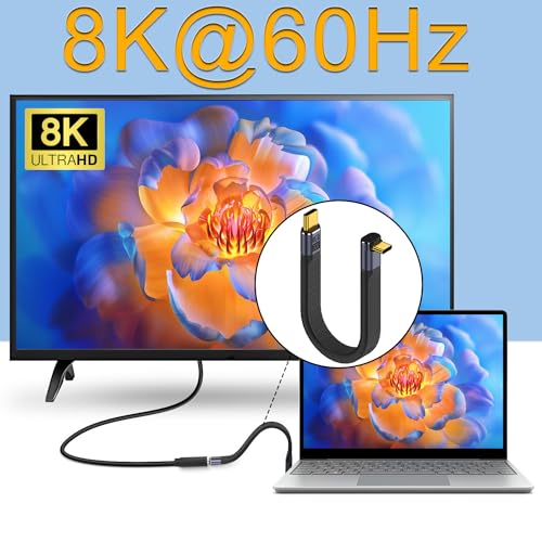 QIANRENON 240W USB4.0 C Male to 90° Angle Type C Male PD Fast Charging Short Cable 40Gbps USB Type C 4.0 Flat Soft Data Cable, for Thunderbolt 3/4 Power Bank Smartphone, 13cm/5.1in (Positive Bend)