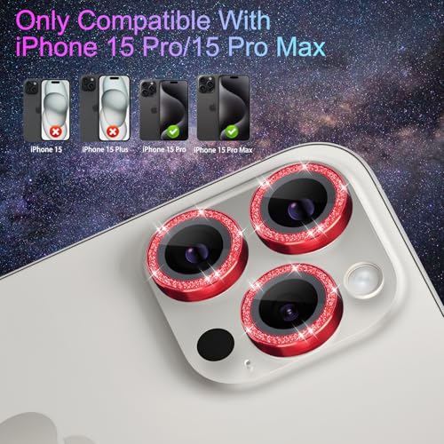 Camera Lens Protector for iPhone 15 Pro/15 Pro Max, Glitter Red - color: Glitter Red