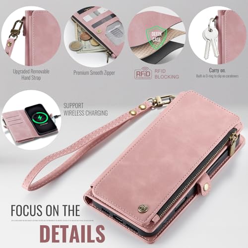Defencase for iPhone 17 Pro Max Wallet Case with RFID Card Holder, Pink | Durable Soft PU Leather, with Zipper Pocket, Wrist Strap, Fashion Snap Flip Phone Cases Cover with Stand for Women and Men - color: Rose Pink