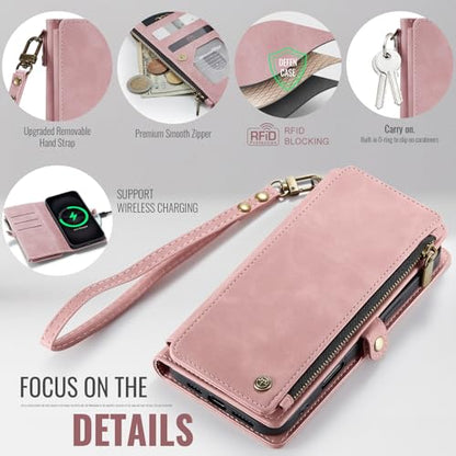 Defencase for iPhone 17 Pro Max Wallet Case with RFID Card Holder, Pink | Durable Soft PU Leather, with Zipper Pocket, Wrist Strap, Fashion Snap Flip Phone Cases Cover with Stand for Women and Men - color: Rose Pink