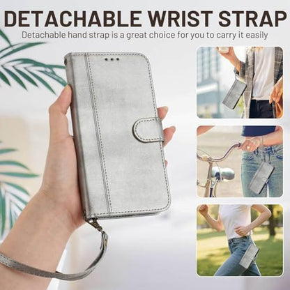 for Galaxy A17 5G Phone Case Wallet and Wrist Strap (Gray) | Card Holder Slots, PU Leather, Flip Cover, Magnetic Closure, Kickstand, Folio Protective, for Samsung A17 Case - color: Gray
