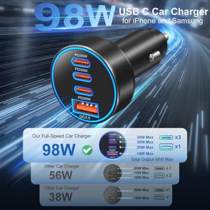 Car Charger USB C,4-Port 98W Super Fast Charging Car Phone Charger Adapter - color: Black