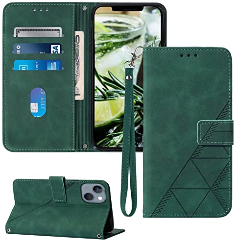 Wallet Case with Wrist Strap for iPhone 13/14 (Green) | Card Holder Slots, PU Leather, TPU Interior Protective, Stand, Folio Flip Cases Cover, 13/14 Phone 6.1 inch - color: Green