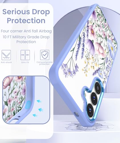 Clear Flower Pattern Case for Samsung Galaxy S26 FE-Light Purple | Girl Women Slim Soft TPU + Hard PC Military Grade Protective Phone Cover WithTempered Glass Screen Protector for S26 FE - color: S26 FE-Light Purple