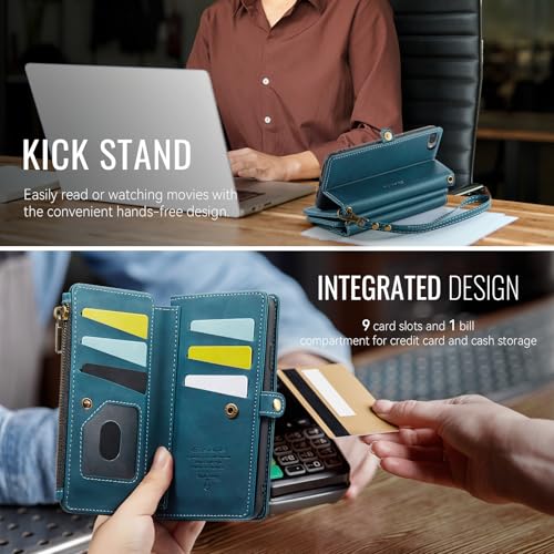 Wallet Case for iPhone 6 Plus/7 Plus/8 Plus – RFID Blocking PU Leather Phone Case with Card Holder, Zipper Pocket, Kickstand, Magnetic Closure, Shoulder & Wrist Strap, Blue Green - color: Blue Green, size: iPhone 6 Plus/7 Plus/8 Plus