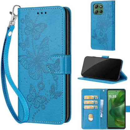 Wallet Case for Motorola Moto G Power 2025/2026, Blue Butterfly | Women Flip Folio Cover, Embossed PU Leather, Stand, Credit Card Holders Slots, Wrist Strap - color: 8