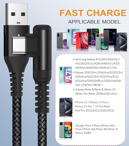 USB to USB C Cable Right Angle 3.1A Fast Charger Carplay 2-Pack 6.6ft Black - color: black, size: 6.6ft+6.6ft