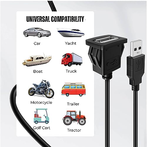 TNP USB Flush Mount Extension Cable, Square Panel Mount, Single Port, 6FT - size: 6FT