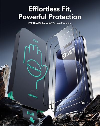 ESR 3 Pack for iPhone 15 Pro Screen Protector, Armorite | 7X Impact Absorption, 9H+ Tempered Glass, Easy One-Pull Installation, Full-Coverage Protection, UltraFit Tray, Bubble-Free - size: iPhone 15 Pro 6.1 inch