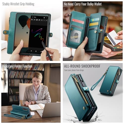 Defencase for Samsung Galaxy Z Fold 4 Wallet Case with Card Holder, Green | Durable Soft PU Leather, RFID Blcking Zipper Pocket, with S-Pen Holder & Strap, Flip Phone Cases with Stand for Women Men - color: Blue Green