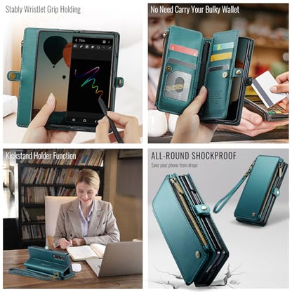 Defencase for Samsung Galaxy Z Fold 4 Wallet Case with Card Holder, Green | Durable Soft PU Leather, RFID Blcking Zipper Pocket, with S-Pen Holder & Strap, Flip Phone Cases with Stand for Women Men - color: Blue Green