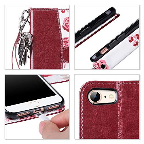 ULAK for iPhone SE 3(2022)/SE(2020)/8/7 Wallet Case Card Holder, Black | Premium PU Leather Flip Case with Kickstand Card Slots [RFID Blocking] Wrist Strap, Durable Shockproof Cover 4.7 Inch - color: Burgundy