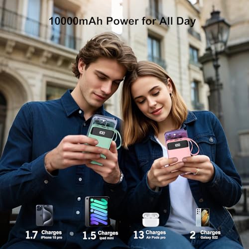 Portable Charger Built-in Cables,10000mAh Fast Charge Power Bank for iPhone - color: Green