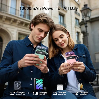 Portable Charger Built-in Cables,10000mAh Fast Charge Power Bank for iPhone - color: Pink