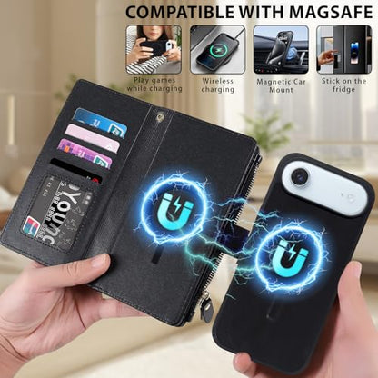for iPhone 17 AIR Case Wallet,Compatible with MagSafe 2 in 1 Magnetic Detachable PU Leather RFID Blocking Wallet Cover Card Holder Zipper Wrist Strap Lanyard,Quilted Black - color: Quilted Black, size: iPhone 17 AIR