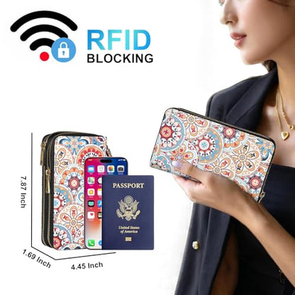 RFID Blocking Cellphone Wallet for Women with Removable Strap, Double Zipper Wristlet Bag Large Capacity, Ladies Travel Clutch Purse, Artistic Flower - color: Orange Artistic Flower