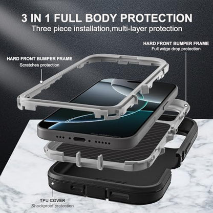 YKHJKLEC for iPhone 16 Pro Case, Military Grade 3 in 1 Heavy Duty Shockproof/Drop Proof/Dust Proof Case with 2Pcs Tempered Glass Screen Protector (Black/Grey) - color: Black/Grey