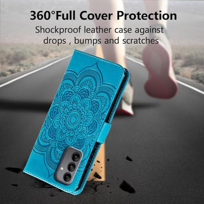 EYZUTAK Case for Samsung Galaxy A16 4G/5G, Premium Leather Magnetic Closure Flip Wallet Phone Case with Card Holder Cash Slot Stand Function Embossed Mandala Flower Slim Shockproof Lanyard Cover -Blue - color: Blue, size: Samsung Galaxy A16 4G/5G