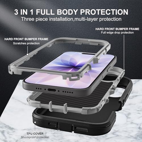 YKHJKLEC for iPhone 17 Case, Military Grade 3 in 1 Heavy Duty Shockproof/Drop Proof/Dust Proof Case with 2Pcs Tempered Glass Screen Protector (Black/Grey) - color: Black/Grey